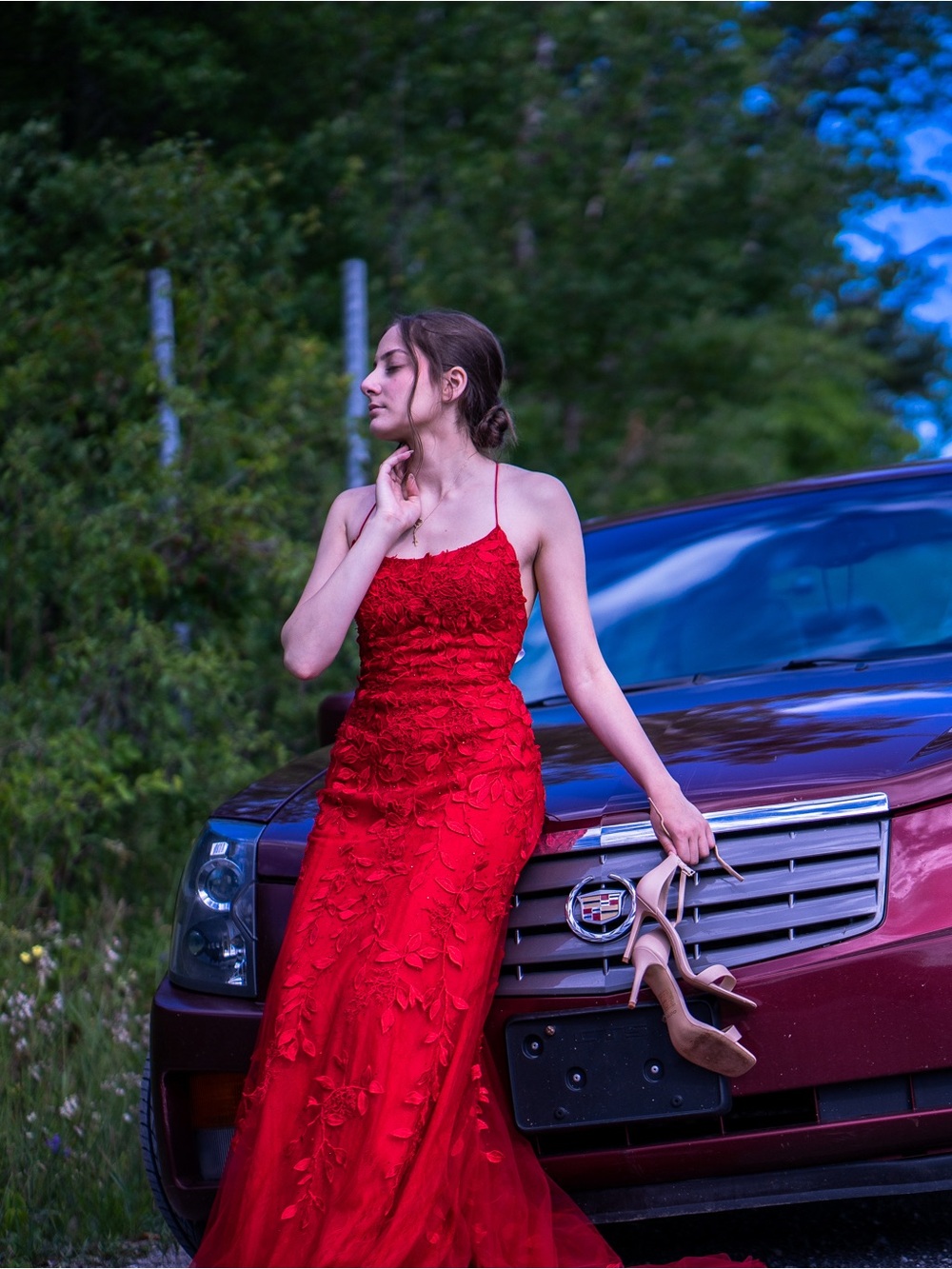 Red Floral Lace Evening Gown